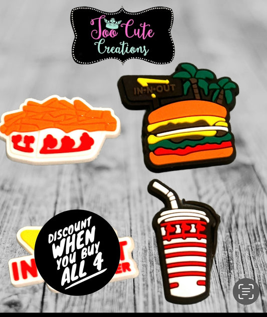 4 pc In-Out Croc Charm Set, Burger/Fries/ Drink/ Fast Food Croc Charm Set, Shoe Charm, Lit Charms, Shoe Accessories