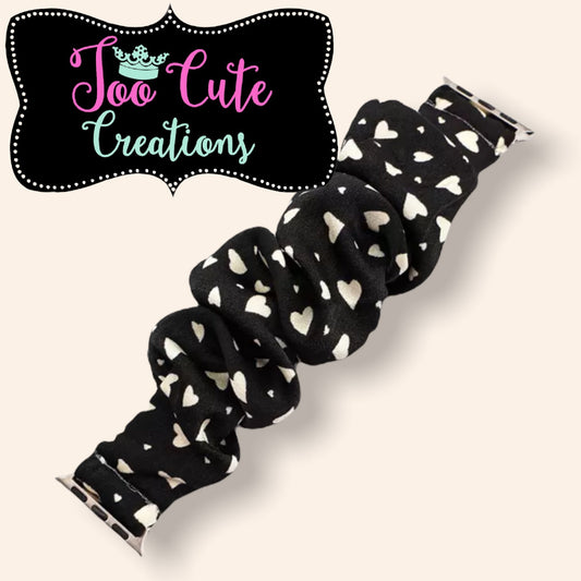 Apple Watch Scrunchie Band//Black with White  Hearts// 38mm/40mm/Size// Ladies Watch Band