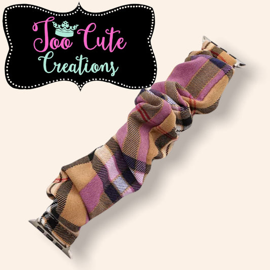 Apple Watch Scrunchie Band//Tan-Lavender-Red-Black  Plaid// 38mm/40mm/42mm/44mm Size// Ladies Watch Band
