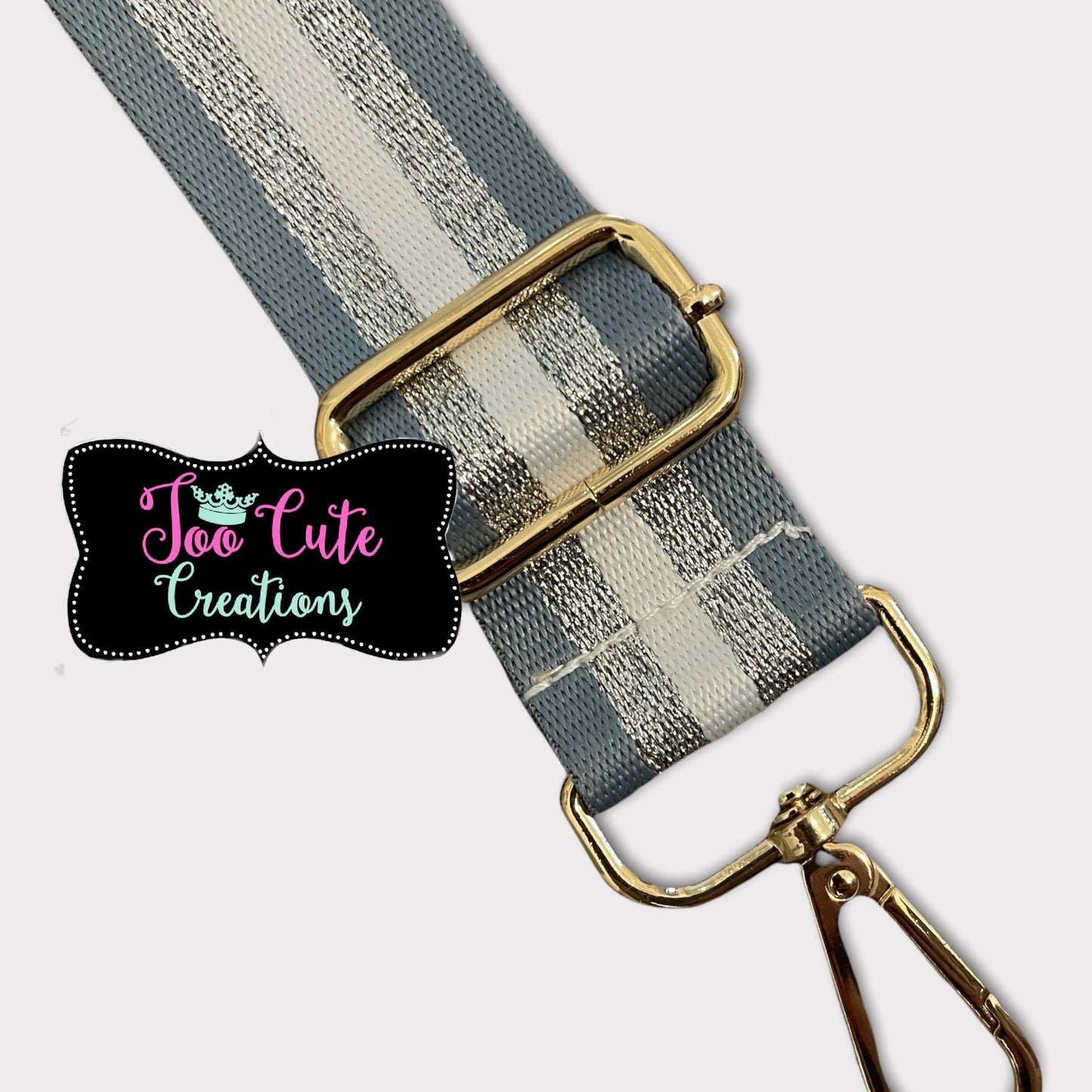 Purse Strap// White, silver, Grey Stripe// Gold Hardware