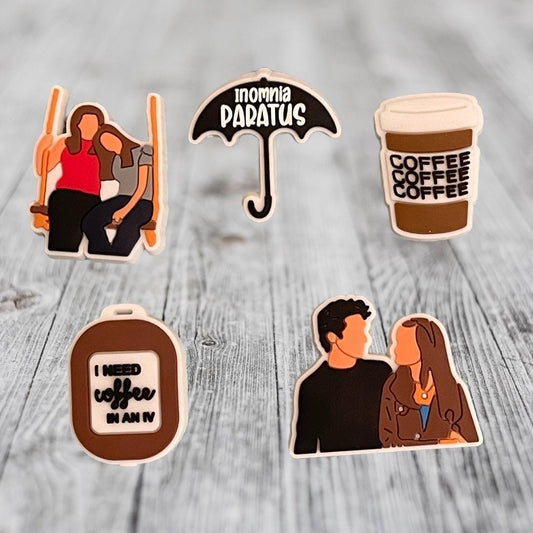 5pc NEW Gilmore Girls Shoe Charm Set,Shoe Charm Set, TV Series, Coffee in IV, Lorelei/Rory, In Omnia Paratus