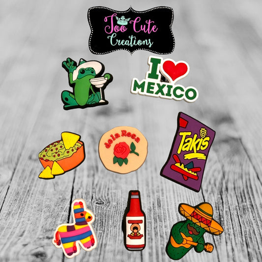 Mexican Themed 8 pc. Croc Charm Set, Hispanic Croc Accessories, Lit Charms, Takis, Quac, I love Mexico, Pinata