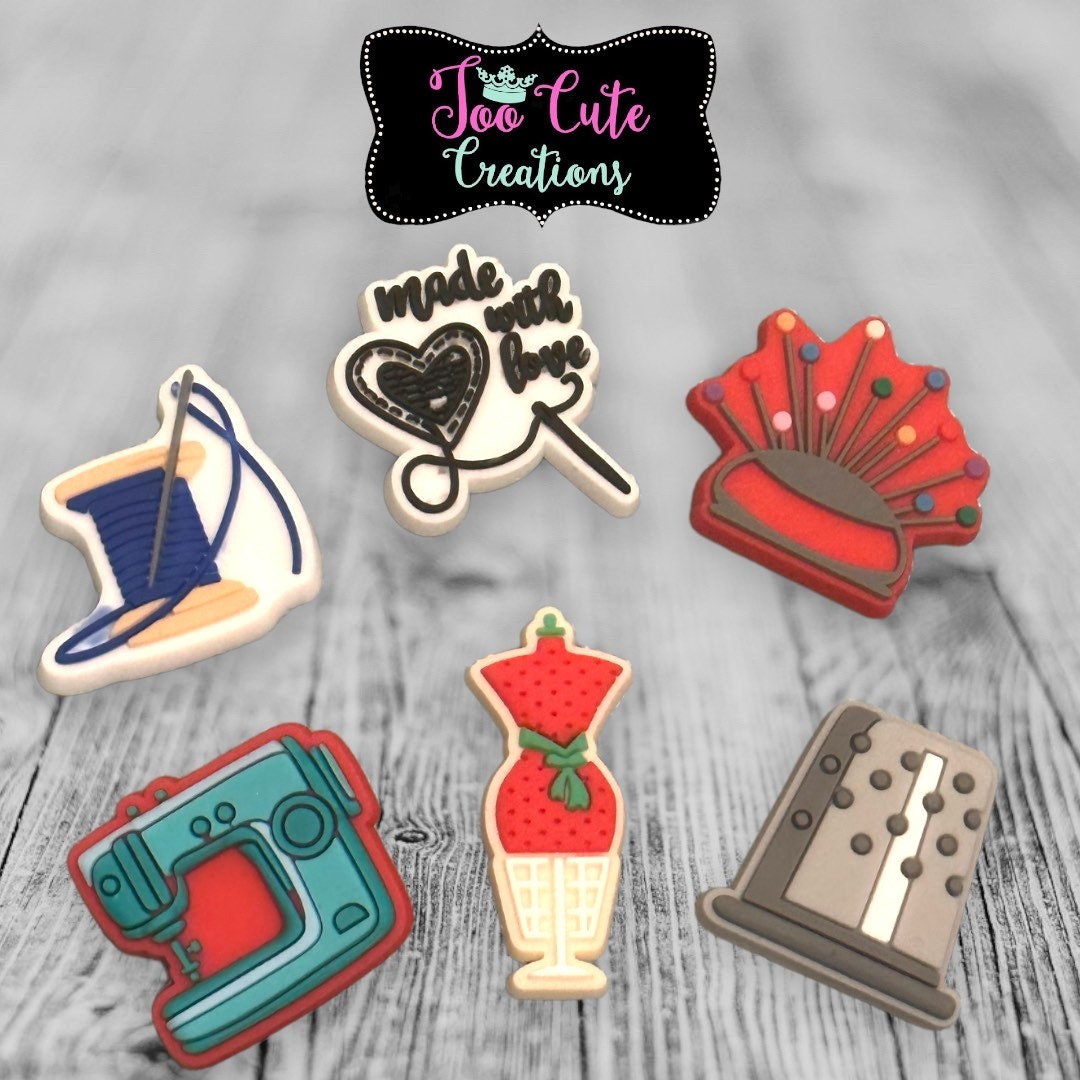 Sewing Theme 6pc. Shoe Charm Set, Sewing Machine Shoe Charm, Crafters gift, Sewing Gift, Thimble charm, Made with Love, Pin cushion charm