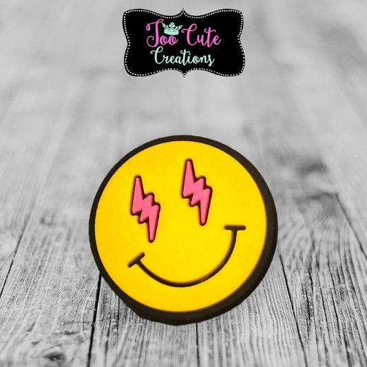 Yellow Smiley Face with Pink Lightening Eyes Happy Croc Charm Set, Happy Croc Charms, Shoe Charms, Charm Accessories, Lit Charms, Shoe Decor