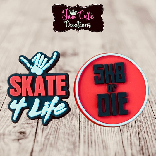 2 pc Skater Croc Charms, Skate 4 Life, Skate or Die Shoe Charm, Skateboarding