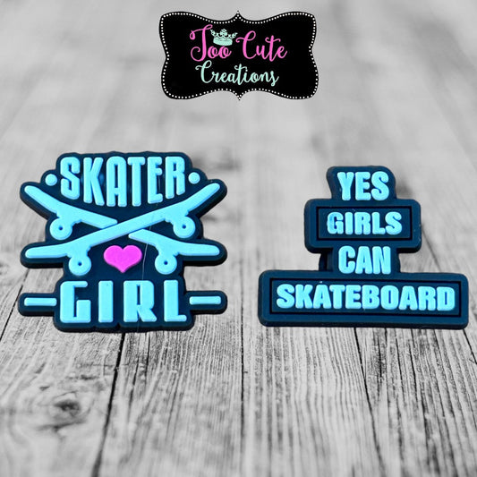 Skater Girl, Girls Can Skate, 2 pc Shoe Charm Set, Skateboarding