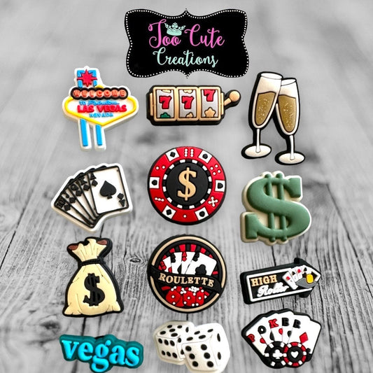 Vegas, Casino,Poker, Black Jack, Roulette, High Roller, Dice Themed Croc Charms Accessories, Lit Charms