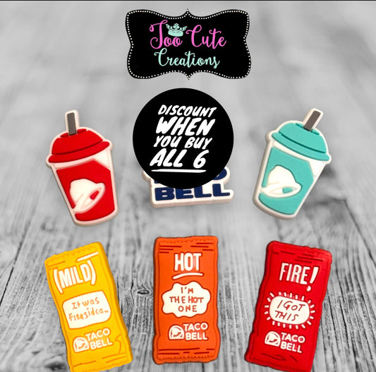 6 pc Taco Charms, Hot Sauce, Baja Blast, It was Fires Idea, I'm the Hot One, Fire Sauce, Fast Food, Midnight Snack, Shoe Charm Set