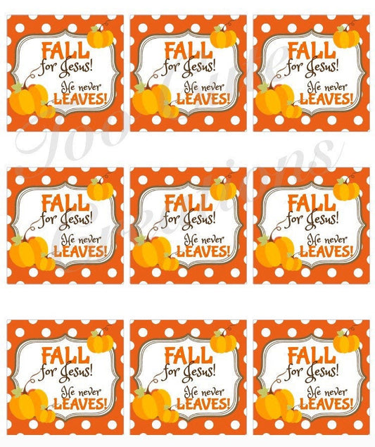 Fall for Jesus, He never Leaves gift tags, fall gift ideas, pumpkin Gift tags for friends, neighbors,sunday school, church
