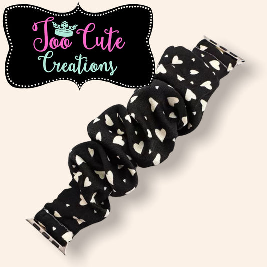 Apple Watch Scrunchie Band//Black with White Hearts// 38mm/40mm/Size// Ladies Watch Band