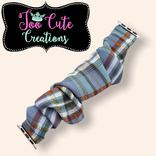 Apple Watch Scrunchie Band//Blue-Red-Black Plaid// 38mm/40mm/42mm/44mm Size// Ladies Watch Band