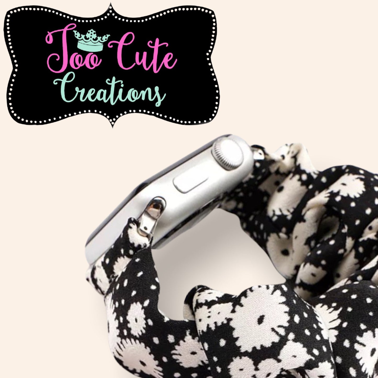 Apple Watch Scrunchie Band//Black with White  Hearts// 38mm/40mm/Size// Ladies Watch Band