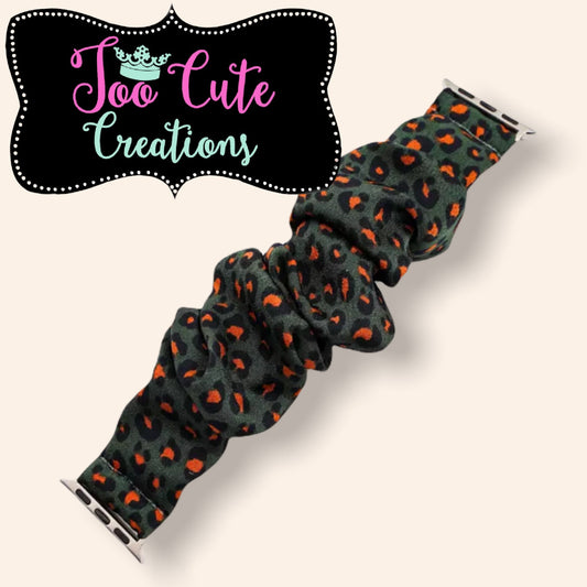 Apple Watch Scrunchie Band//Teal-Burnt Orange-Black Leopard// 38mm/40mm/42mm/44mm Size// Ladies Watch Band