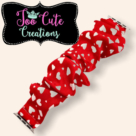 Apple Watch Scrunchie Band//Red with White Hearts// 38mm/40mm/42mm/44mm Size// Ladies Watch Band