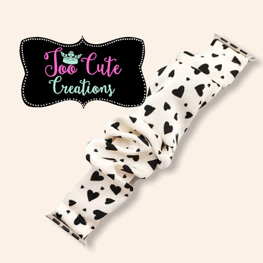 Apple Watch Scrunchie Band//White with Black Hearts// 38mm/40mm/42mm/44mm Size// Ladies Watch Band