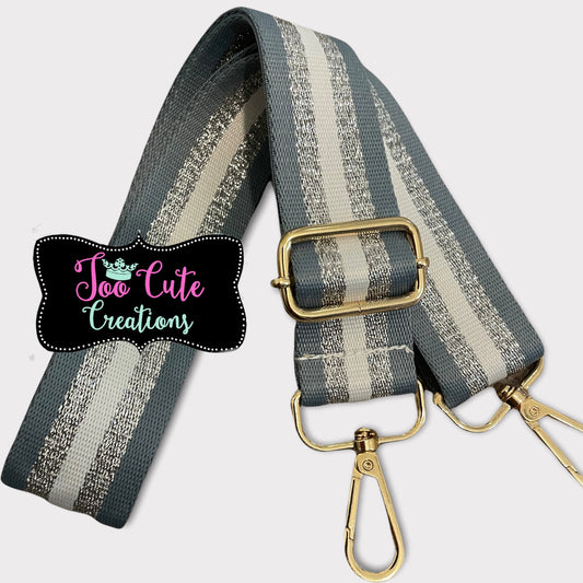 Purse Strap// White, silver, Grey Stripe// Gold Hardware