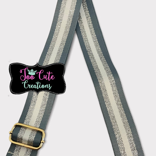 Purse Strap// White, silver, Grey Stripe// Gold Hardware