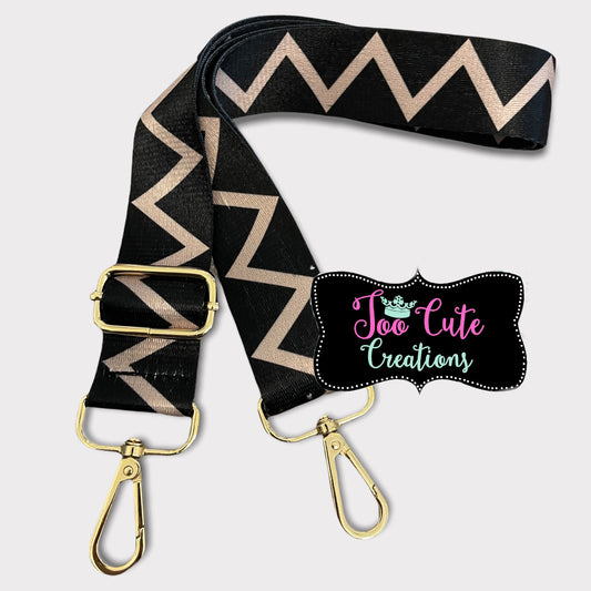 Woven Canvas Purse Strap// Black, Khaki Zig zag// Gold Hardware