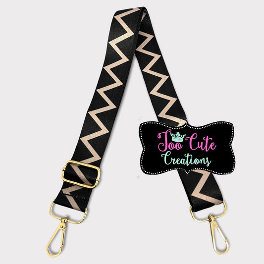 Woven Canvas Purse Strap// Black, Khaki Zig zag// Gold Hardware