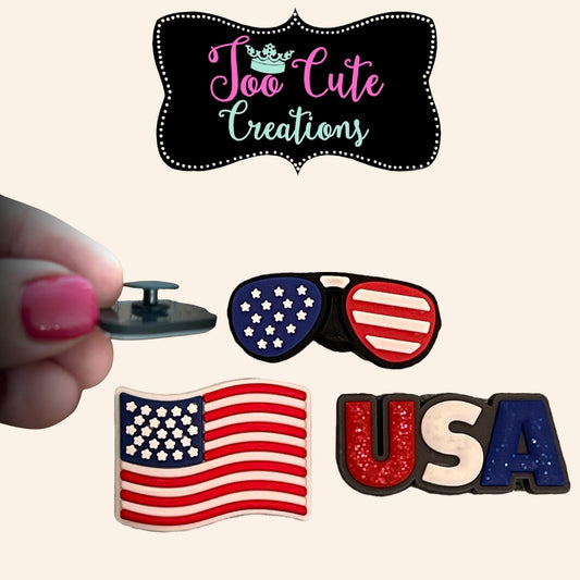 3 pc Patriotic, Red White Blue shoe Charm Set, 3 Piece Shoe Charm, 4th of July, USA