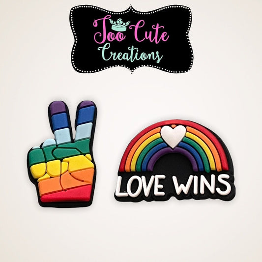 Set of 2, Love Wins Shoe Charm Set, 2 Piece Shoe Charm, Rainbow, Peace
