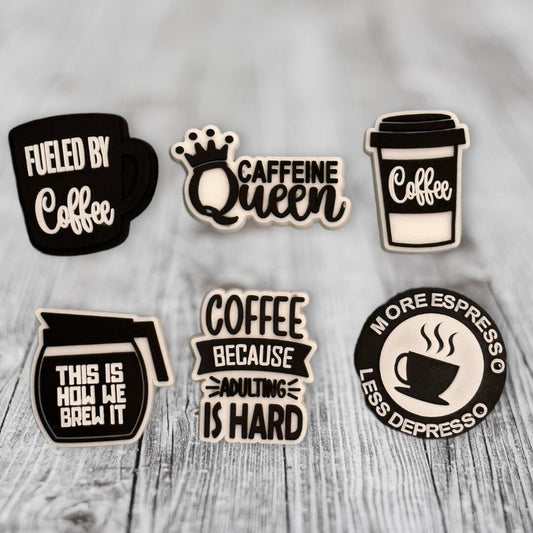 Coffee Theme Croc Charm 6 pc Set, Caffeine Queen Charm, Fueled by Coffee, Because Adulting is Hard, Coffee Lover Gift, Croc Charm Accessories