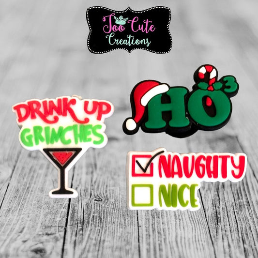 Drink Up Grinches, Naughty/Nice, Christmas Charms, Ho Ho Ho Charms, Croc Charm Set