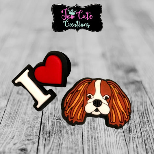 2 pc. King Charles Cavalier Shoe Charm Set , Spaniel Dog Croc Charm Set, Dog Charm, I love My Cavy Charm Set. Blenheim Cavalier