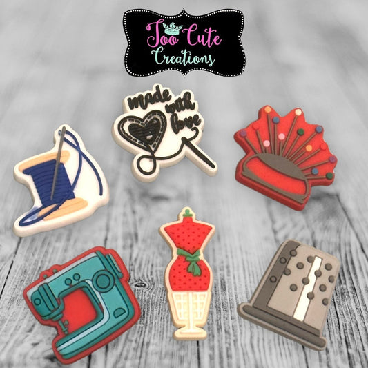 Sewing Theme 6pc. Shoe Charm Set, Sewing Machine Shoe Charm, Crafters gift, Sewing Gift, Thimble charm, Made with Love, Pin cushion charm