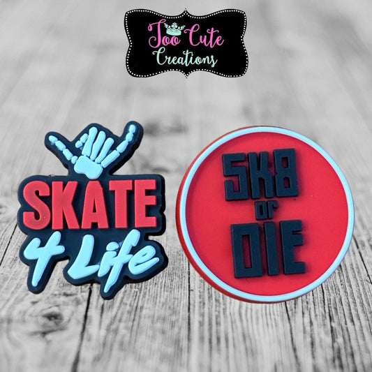 2 pc Skater Croc Charms, Skate 4 Life, Skate or Die Shoe Charm, Skateboarding