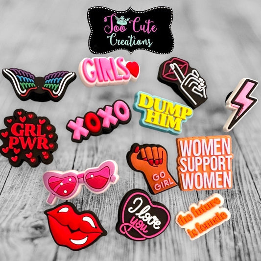 Go Girl, Girl Power, Dump Him, Lightening  Bolt, Girly Themed Shoe Charms,  Charm Accessories