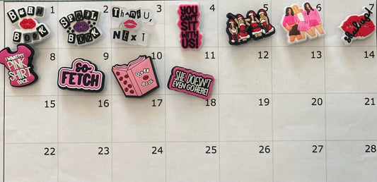 Mean Girls, Burn Book, She Doesn’t Go Here, So Fetch, Go Glen Coco, Shoe Charms