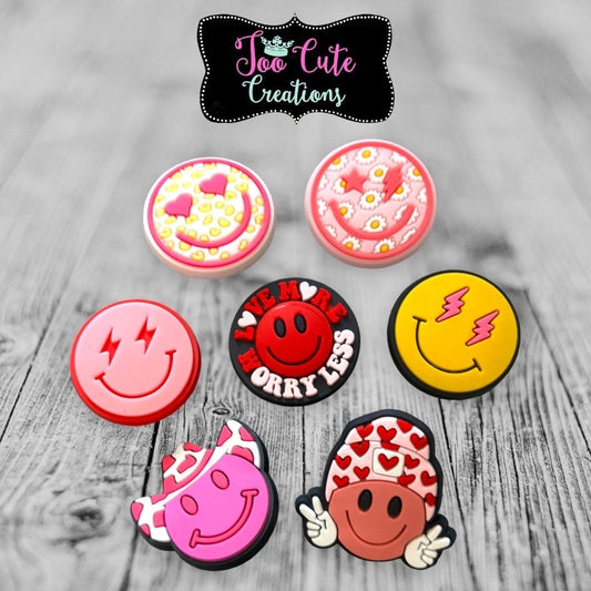 Pink Smiley Face with Lightening Eye, Love More Worry Less, Peace Happy FaceShoe Charm, kids Happy Croc Charm Accessories