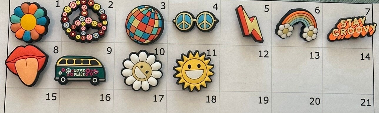 70’s, Groovy, Hippy Aqua/Orange Theme Croc Shoe Charms,  Charm Acces
