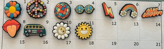 70’s, Groovy, Hippy Aqua/Orange Theme Croc Shoe Charms, Charm Acces