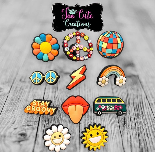 70’s, Groovy, Hippy Aqua/Orange Theme Croc Shoe Charms, Charm Acces