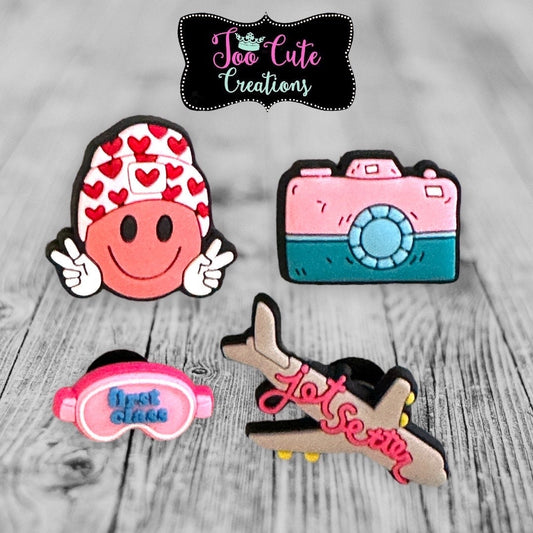 Travel Theme Croc Charm- Jet Setter, First Class, Smiley, Camera, Travel Charms | PVC Charm | Shoe Clip | Charm | Accessory